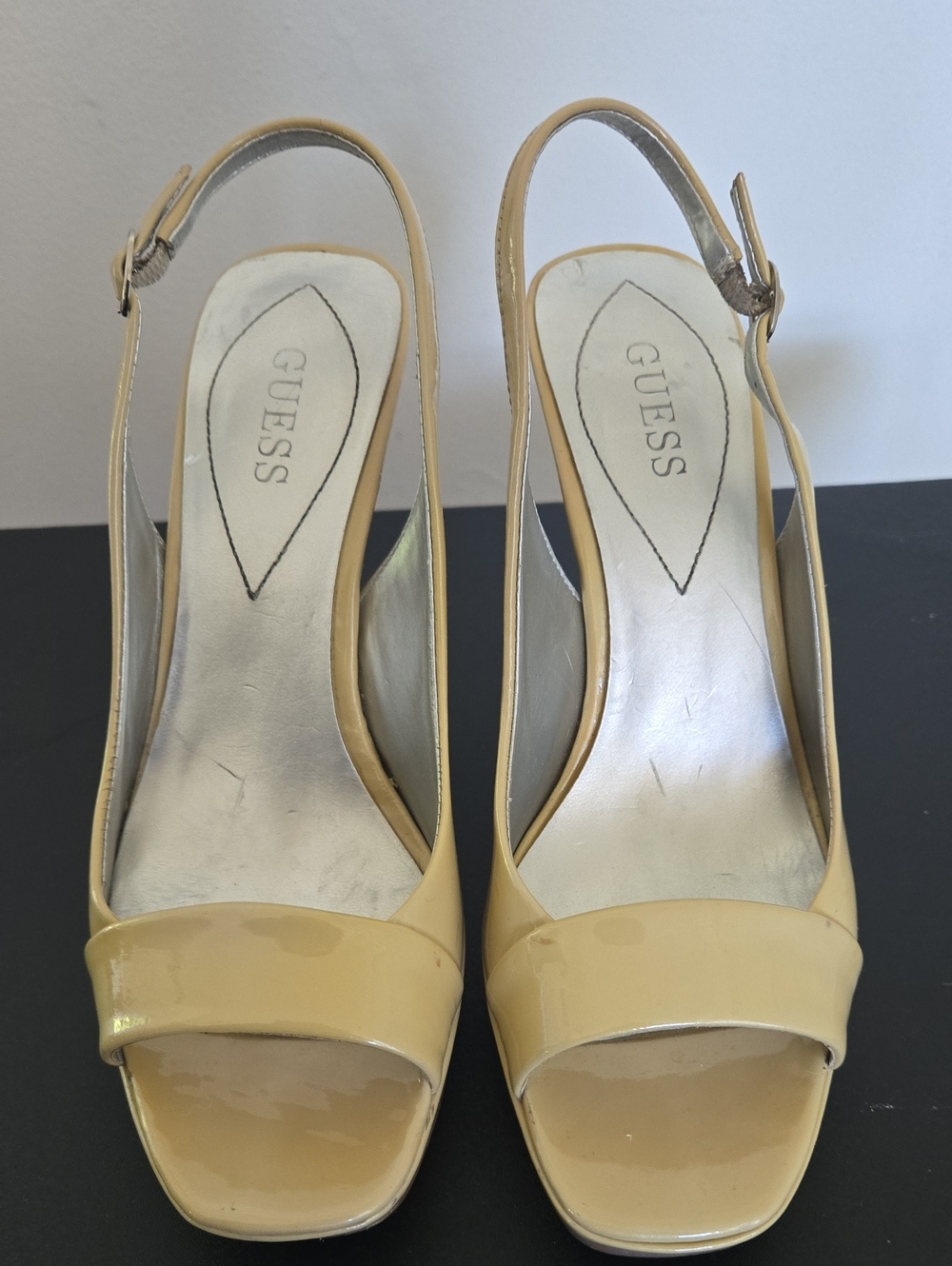 GUESS Women’s Beige Slingback Peep-Toe Heels
